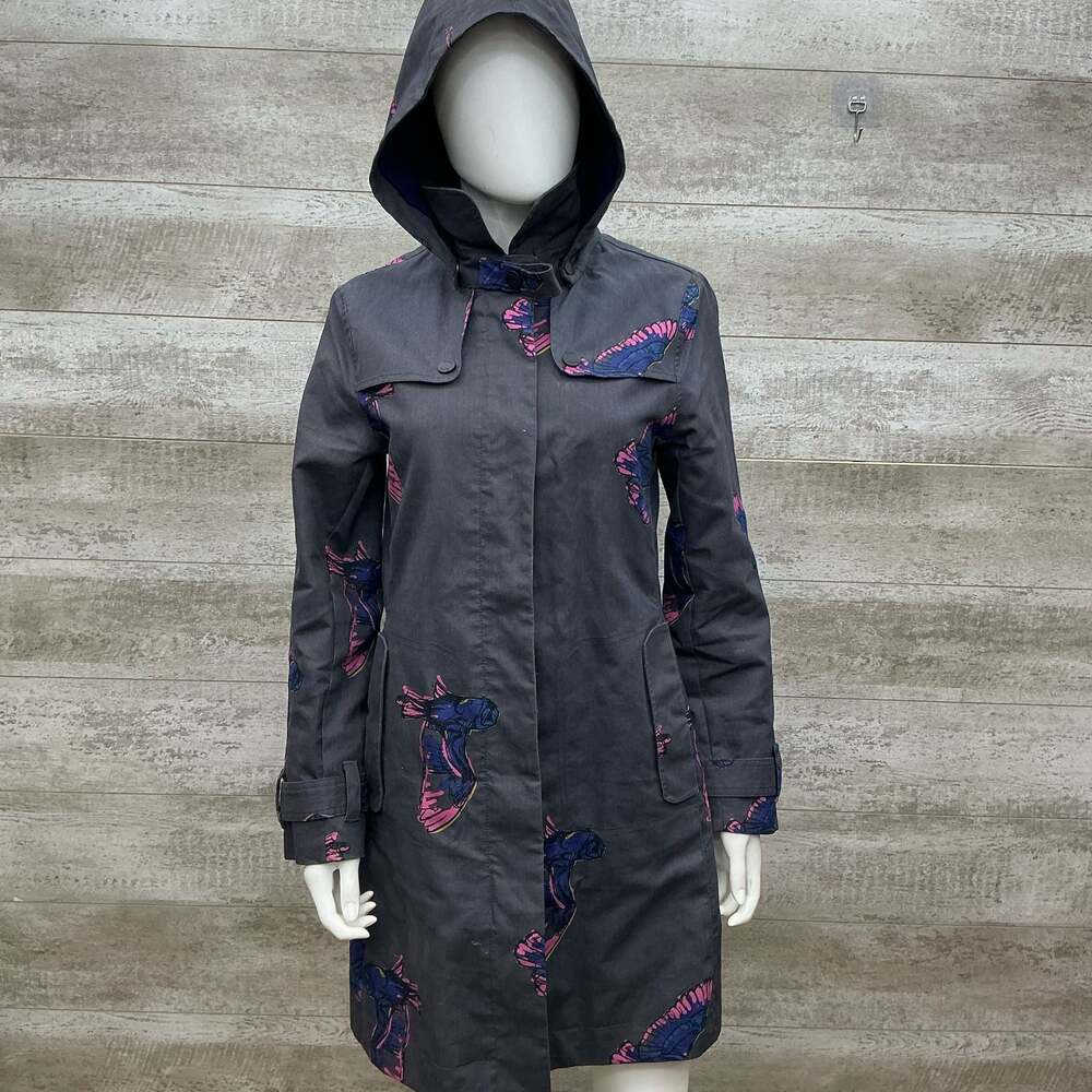 Boden Grey Butterfly Print Hooded Trench Raincoat Women’s US 6 UK 10